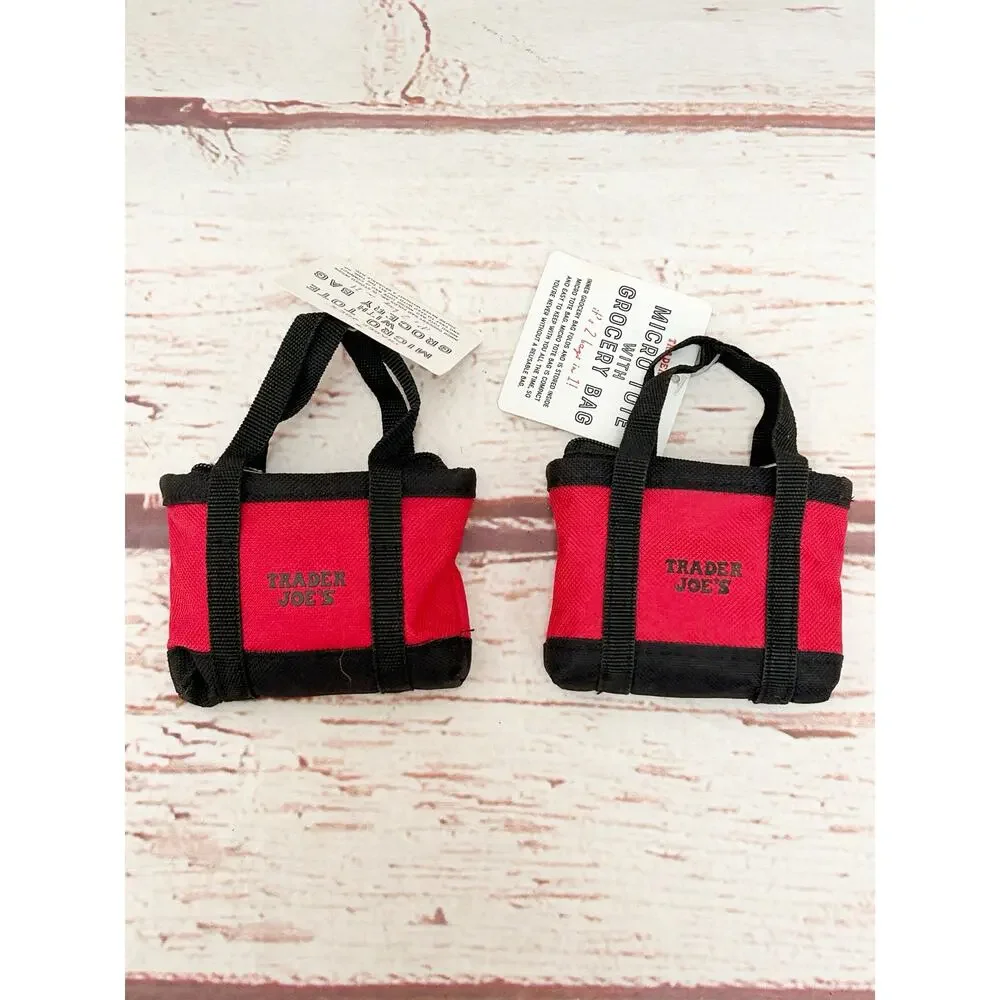 TRADER JOES Lot of 2 Canvas Micro Tote Bag with Reusable Grocery Bag Red NWT
